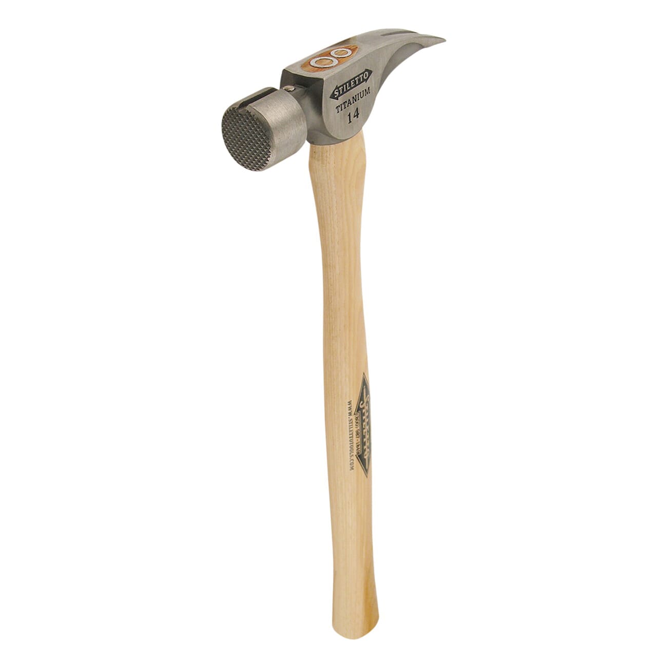 Stiletto® TI14MS Nailing Framing Hammer, 18 in OAL, Milled Surface, 14 oz Titanium Head, Straight Claw, Hickory Wood Handle